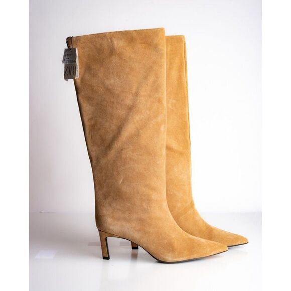 Zara Womens Knee High Boots Wide Shaft Split Leather Dark Tan US 11 EU 42 NWT - Picture 8 of 10